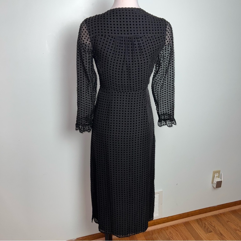 Whistles Black Flocked Polka Dot Wrap Midi Dress US 4 - Picture 8 of 15
